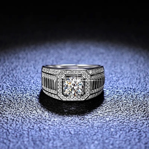 💎243💎 MENS PLATINUM PLATED GENUINE MOISSANITE DIAMOND WEDDING RING - Picture 5 of 13
